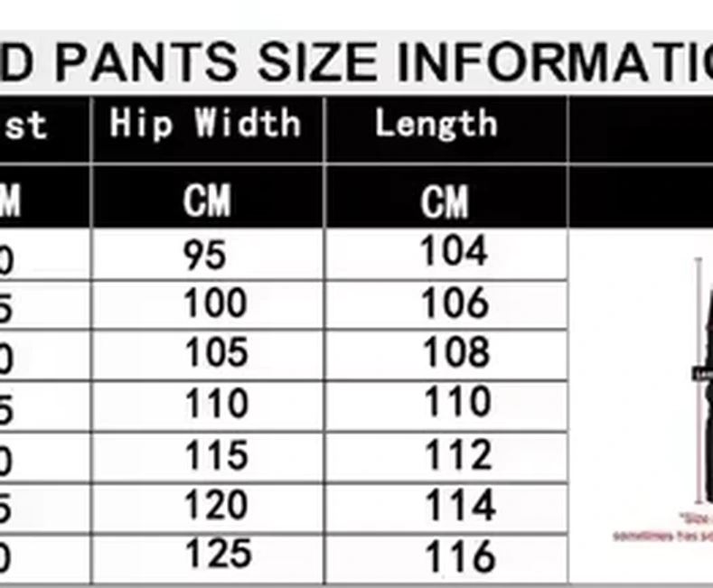 Lower body sizing chart. Hip width 95 to 125 cm and leg length 104 to 116 cm, in centimetres.
