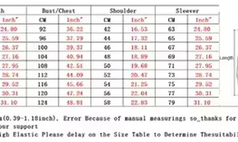 Upper body sizing chart. Nine rows, in centimetres and inches. Bust/chest 92 to 124 cm, shoulder 42 to 58 cm, sleeve 63 to 79 cm.